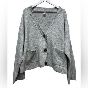 H M Women Gray Knit Button Front Cardigan Sweater Size Large Oversized Cropped